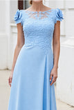 Sky Blue Floral Satin Maxi Mother of the Bride Dress with Lace Appliques
