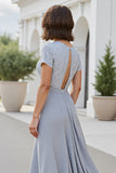 Sparkly Silver A Line V-Neck Chiffon Maxi Mother of the Bride Dress