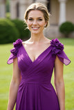 Floral Grape V-Neck Chiffon Maxi Mother of the Bride Dress