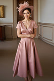 Dusty Rose A Line Satin V-Neck Midi Mother of the Bride Dress