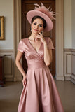 Dusty Rose A Line Satin V-Neck Midi Mother of the Bride Dress