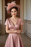 Dusty Rose A Line Satin V-Neck Midi Mother of the Bride Dress