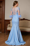Sky Blue Satin Maxi Ruffled Mermaid Mother of the Bride Dress with Lace