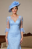 Sky Blue Satin Maxi Ruffled Mermaid Mother of the Bride Dress with Lace