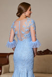 Sky Blue Satin Maxi Ruffled Mermaid Mother of the Bride Dress with Lace