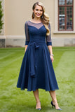 Navy Chiffon A Line Tie Front Midi Mother of the Bride Dress