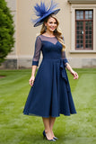 Navy Chiffon A Line Tie Front Midi Mother of the Bride Dress