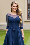 Navy Chiffon A Line Tie Front Midi Mother of the Bride Dress