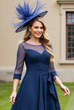 Navy Chiffon A Line Tie Front Midi Mother of the Bride Dress