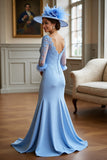 Sky Blue Long Sleeves Satin Mother of the Bride Dress with Lace