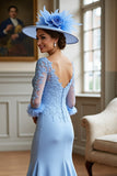 Sky Blue Long Sleeves Satin Mother of the Bride Dress with Lace