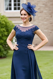 Navy A Line Appliqued Chiffon Maxi Mother of the Bride Dress