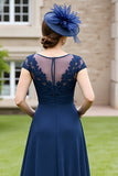 Navy A Line Appliqued Chiffon Maxi Mother of the Bride Dress