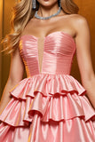 Blush Tiered Satin A Line Short Prom Dress with Ruffles