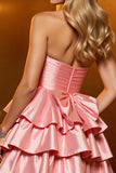 Blush Tiered Satin A Line Short Prom Dress with Ruffles