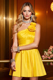 Yellow A Line Satin One Shoulder Short Prom Dress with 3D Flowers