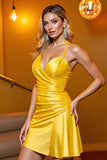 Yellow Satin Spaghetti Straps Bodycon Short Prom Dress