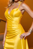 Yellow Satin Spaghetti Straps Bodycon Short Prom Dress