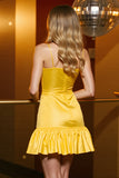 Yellow A Line Satin Short Prom Dress with Bow