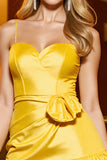 Yellow A Line Satin Short Prom Dress with Bow