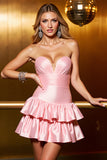 Blush Satin A Line Sweetheart Tiered Short Prom Dress with Ruffles