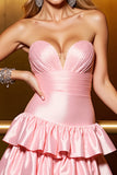 Blush Satin A Line Sweetheart Tiered Short Prom Dress with Ruffles
