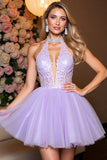 Lilac Organza A Line Corset Halter Short Prom Dress
