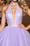 Lilac Organza A Line Corset Halter Short Prom Dress