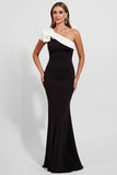 Black One Shoulder Satin Maxi Mermaid Evening Dress with Ruffles