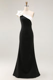 Black One Shoulder Satin Maxi Mermaid Evening Dress with Ruffles