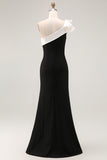 Black One Shoulder Satin Maxi Mermaid Evening Dress with Ruffles