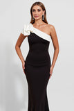 Black One Shoulder Satin Maxi Mermaid Evening Dress with Ruffles