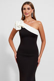 Black One Shoulder Satin Maxi Mermaid Evening Dress with Ruffles