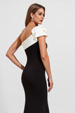 Black One Shoulder Satin Maxi Mermaid Evening Dress with Ruffles