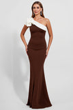 Black One Shoulder Satin Maxi Mermaid Evening Dress with Ruffles