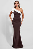 Black One Shoulder Satin Maxi Mermaid Evening Dress with Ruffles