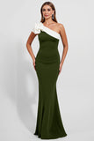 Black One Shoulder Satin Maxi Mermaid Evening Dress with Ruffles