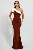 Black One Shoulder Satin Maxi Mermaid Evening Dress with Ruffles