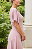 Dusty Rose Sheath Satin Maxi Mother of the Bride Dress with Flutter Sleeves