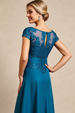 Peacock Blue A Line Satin Mother of the Bride Dress with Lace