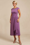 Purple Sheath Cap Sleeves Maxi Mother of the Bride Dress with Drape