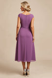 Purple Sheath Cap Sleeves Maxi Mother of the Bride Dress with Drape