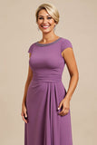 Purple Sheath Cap Sleeves Maxi Mother of the Bride Dress with Drape