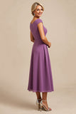 Purple Sheath Cap Sleeves Maxi Mother of the Bride Dress with Drape
