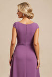 Purple Sheath Cap Sleeves Maxi Mother of the Bride Dress with Drape