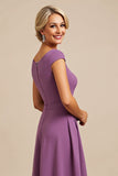 Purple Sheath Cap Sleeves Maxi Mother of the Bride Dress with Drape