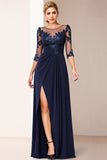 Navy Satin Sheath Maxi Mother of the Bride Dress with Appliques