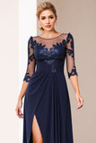 Navy Satin Sheath Maxi Mother of the Bride Dress with Appliques