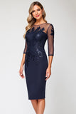 Navy Bodycon Satin Midi Mother of the Bride Dress with Appliques