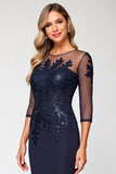 Navy Bodycon Satin Midi Mother of the Bride Dress with Appliques